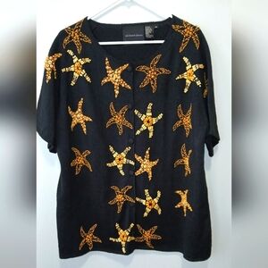 Vintage Michael Simon black starfish beaded black short sleeve cardigan size 3X